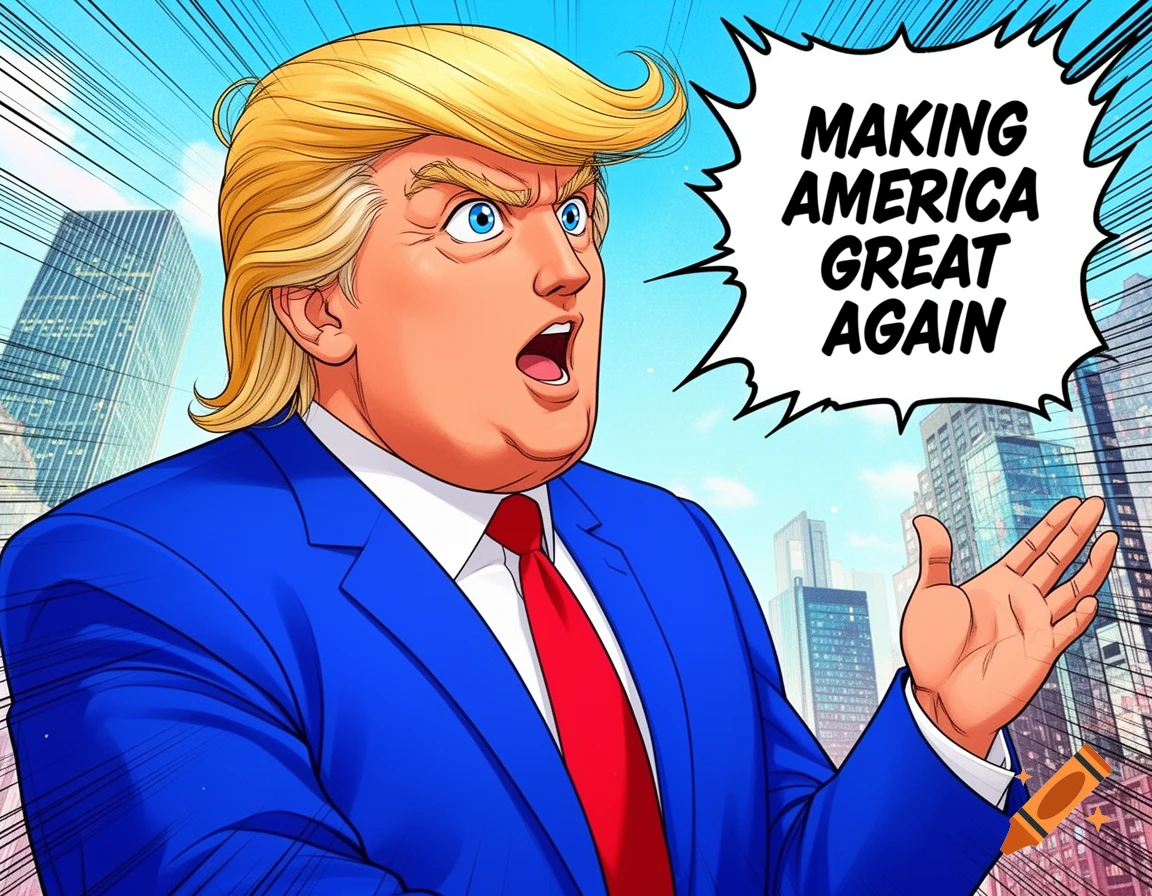 Manga style caricature of Donald Trump speaking, with 'MAKING AMERICA GREAT AGAIN' in a speech bubble, against a city backdrop.