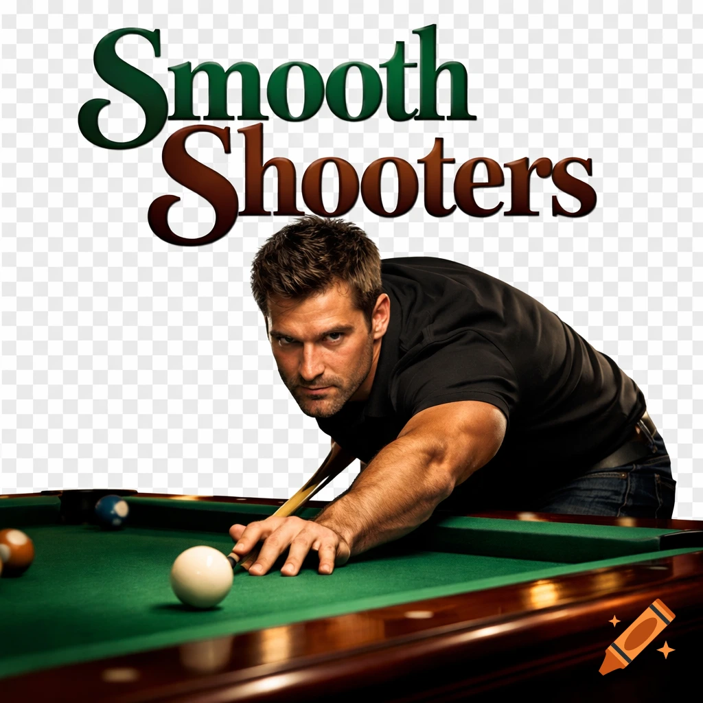 Photorealistic image of a man aiming a pool cue over a pool table with text "Smooth Shooters" above him.