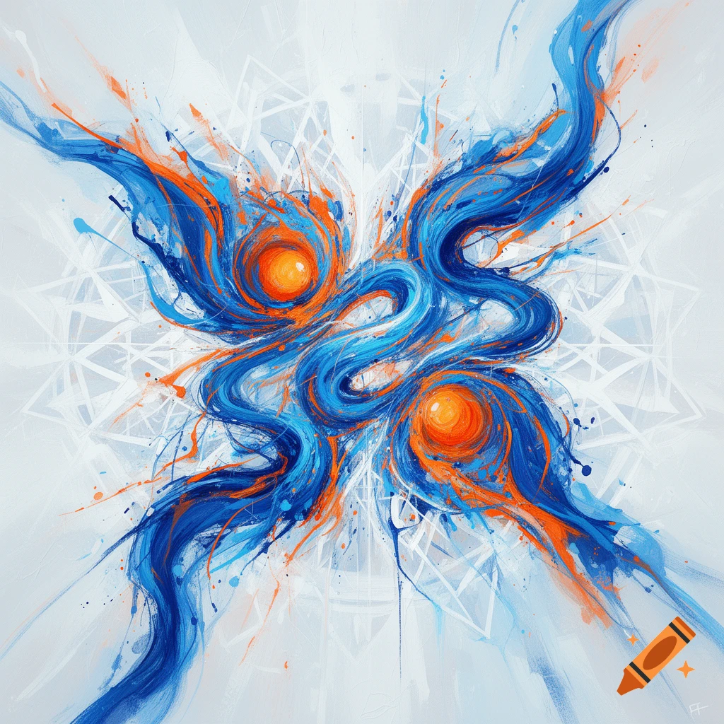 An abstract painting with swirling blue and orange brushstrokes and ...