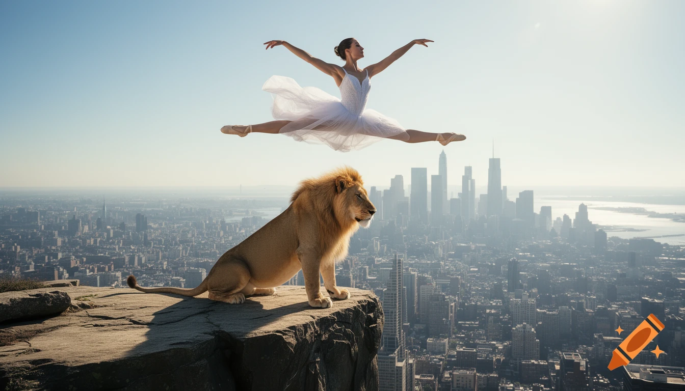 A ballerina performs a grand jete mid-air above a majestic lion sitting on a cliff overlooking a hazy cityscape.