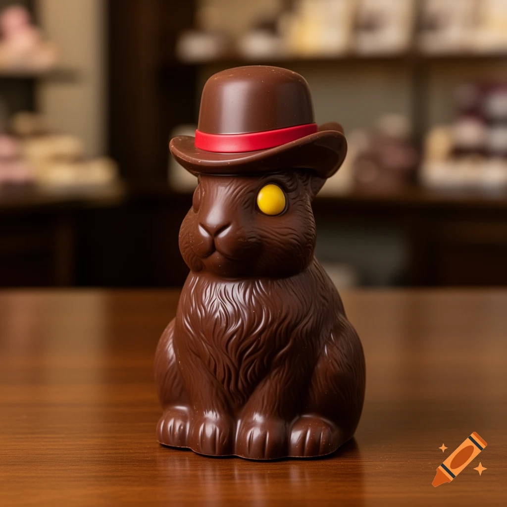 Photorealistic chocolate rabbit wearing a brown bowler hat with a red band, featuring a single yellow eye, sitting on a polished wooden surface.