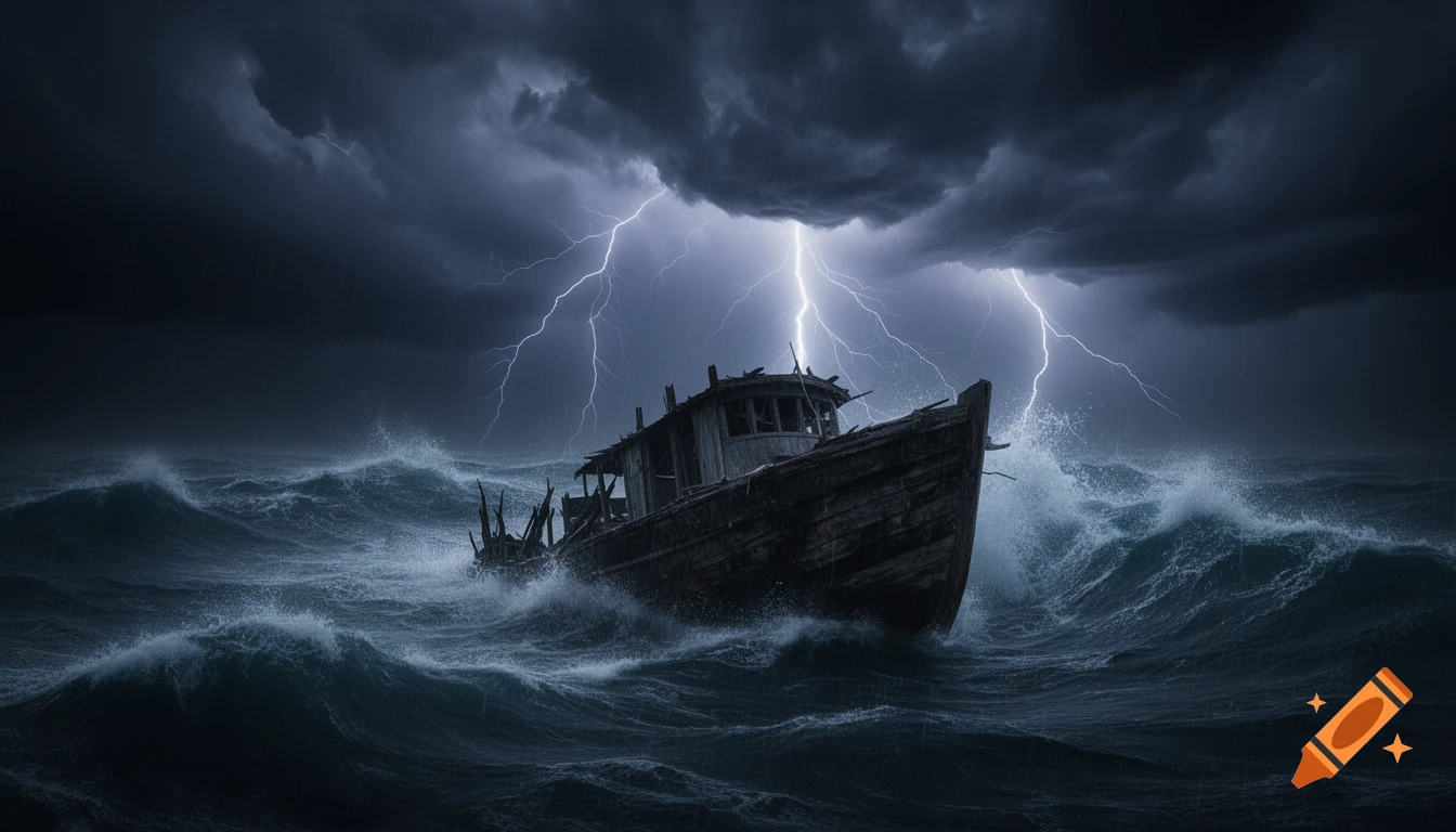 A dark, rickety wooden boat pitches violently on huge waves during a raging thunderstorm with lightning striking in the dark sky.