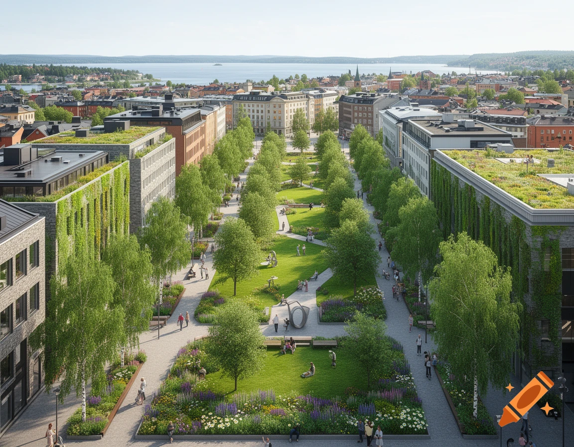 Aerial view of a modern city park with tree-lined paths, green spaces, buildings with green roofs, and a lake in the background.