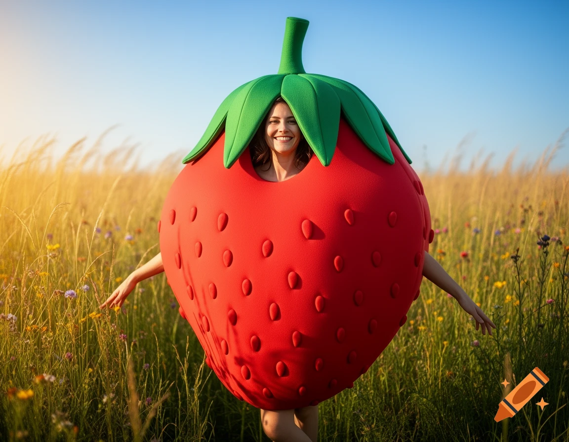 A smiling woman in a giant photorealistic strawberry costume stands in a sunny golden field with wildflowers.