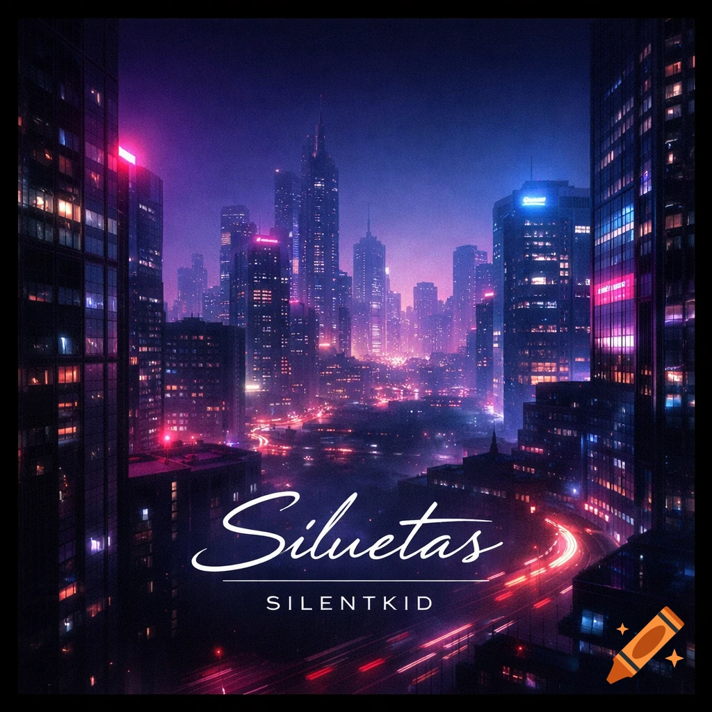Neon-lit futuristic city skyline at night with car light trails. Text reads 'Siluetas' and 'SILENTKID'.