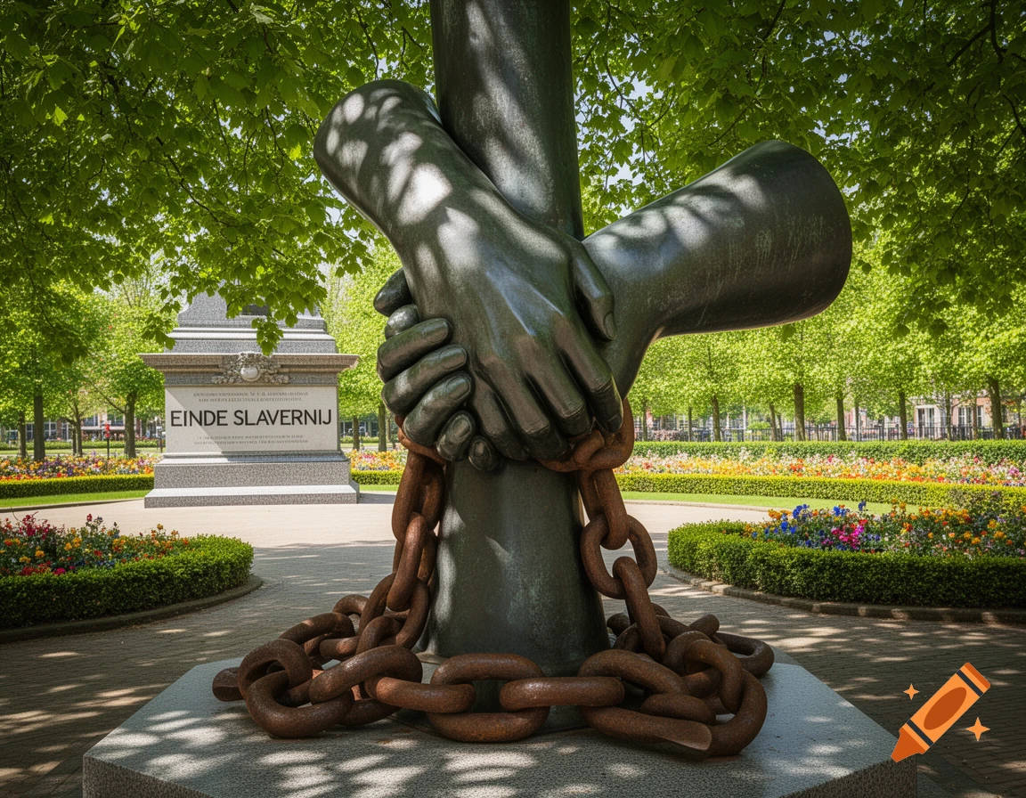 Bronze sculpture of hands breaking chains in a park, with a monument inscribed 'EINDE SLAVERNIJ' behind it.