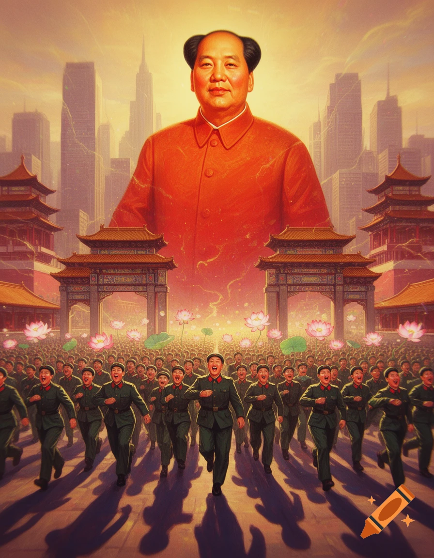 A giant, glowing portrait of Mao Zedong overlooks a marching crowd of uniformed people, with traditional gates and a modern cityscape.