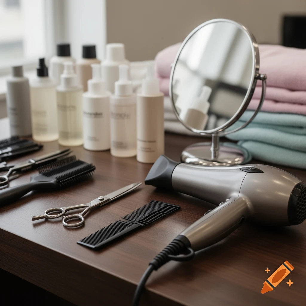 A collection of hairdressing tools and products, including a hairdryer, mirror, scissors, combs, and bottles, on a wooden surface.