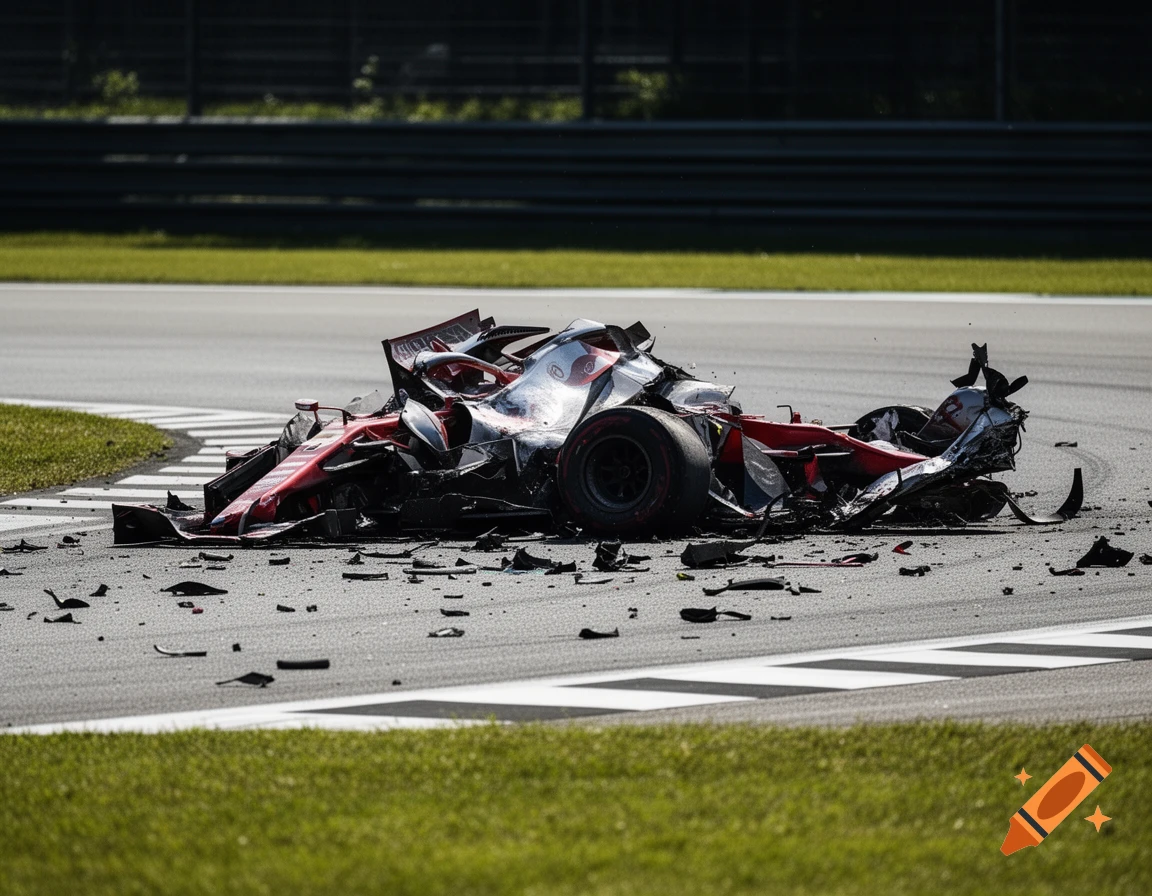 A crashed red and white Formula 1 car with scattered debris on a racetrack on a sunny day, photorealistic.