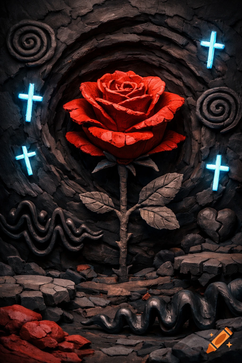 A vibrant red claymation rose surrounded by dark textured clay, glowing blue crosses, a broken heart, and abstract symbols.