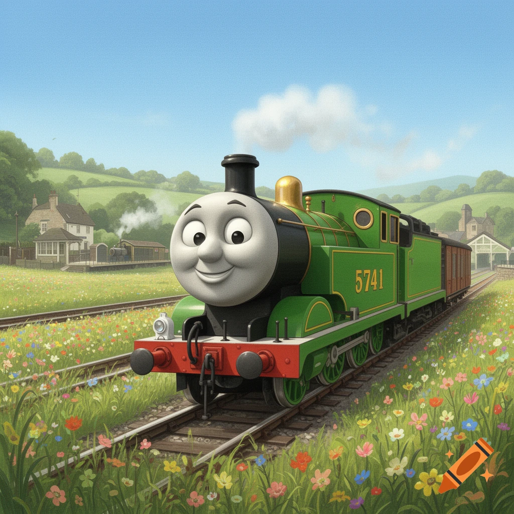A smiling green cartoon train with the number 5741 on its side rides on tracks through a vibrant wildflower field. A station and hills are in the background.