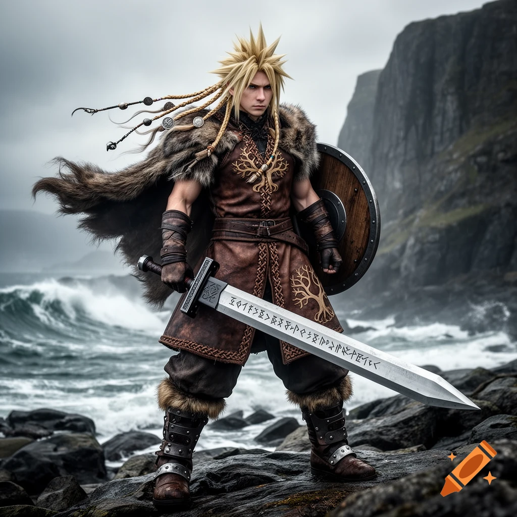 A fantasy warrior resembling Cloud Strife in viking attire, holding a sword and shield, stands on a rocky coast with rough seas.