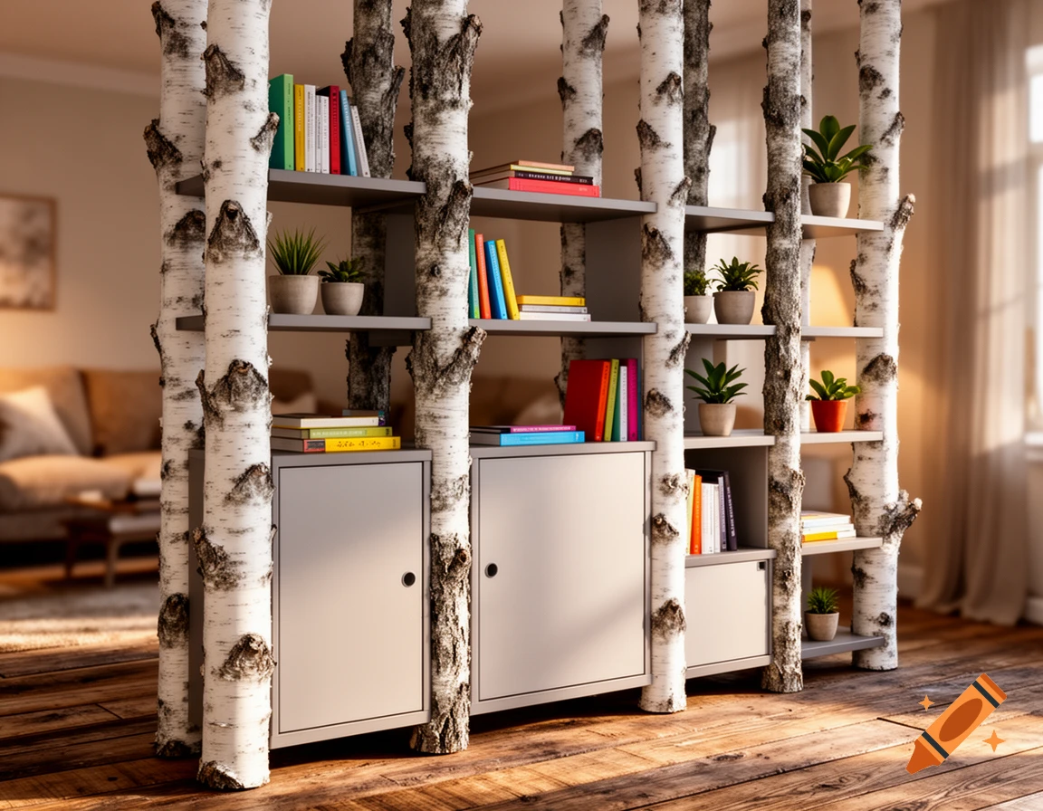 Photorealistic living room featuring a unique shelf unit with birch tree trunks, gray shelves, books, and potted plants.