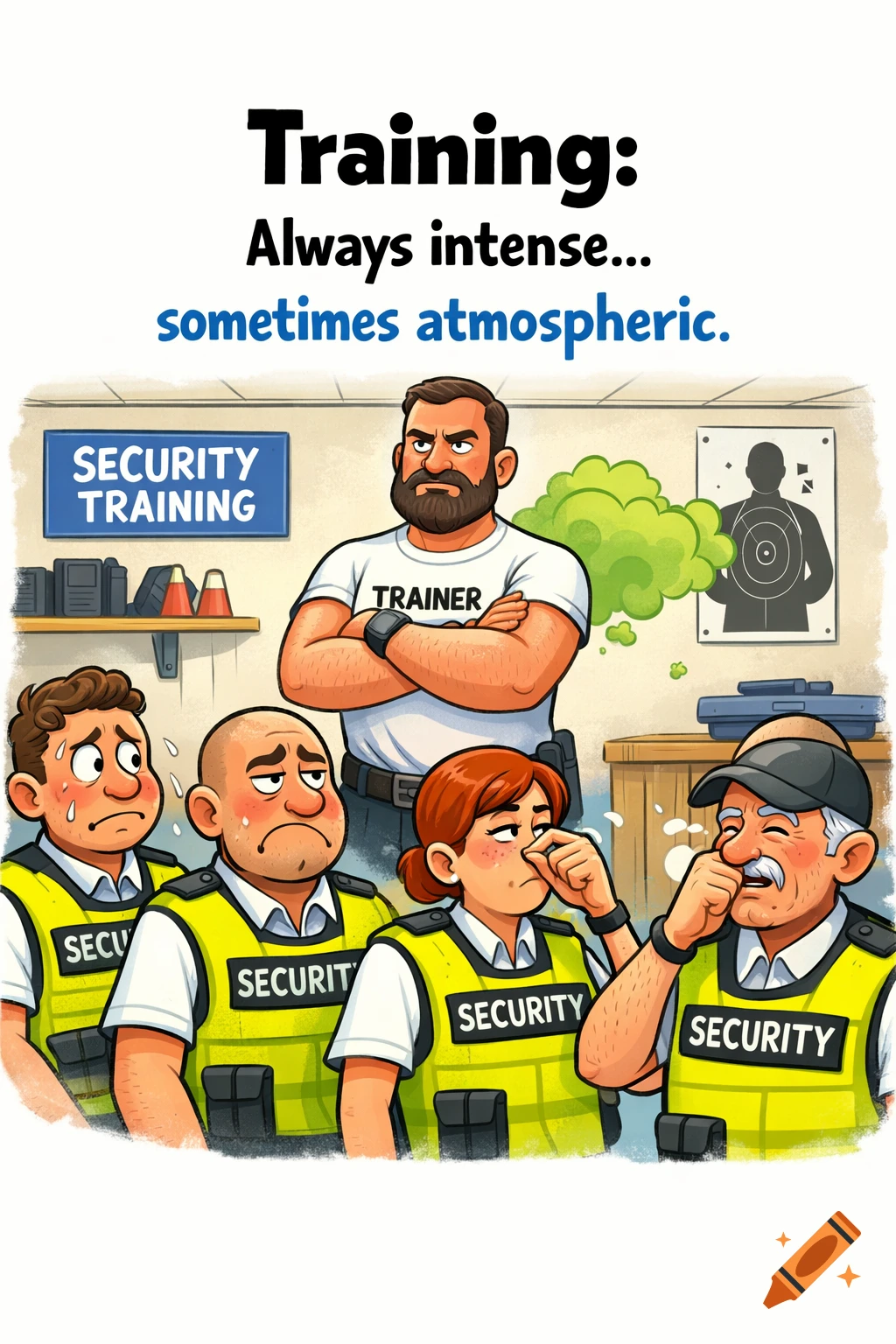 Humorous cartoon of a security training session, with a stern trainer and uncomfortable officers reacting to a bad smell, captioned 'Training: Always intense… sometimes atmospheric.'