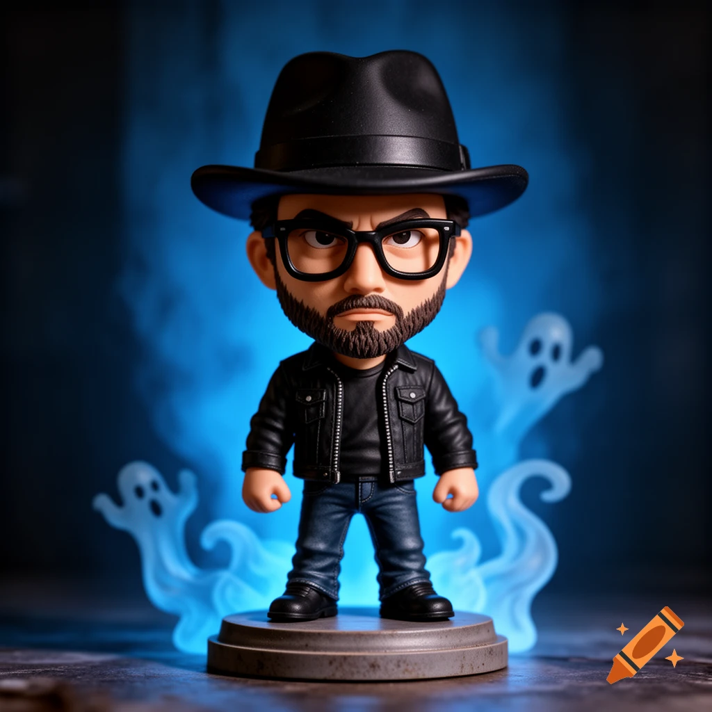 A stylized 3D figurine of a man with a black hat, glasses, and beard, wearing a black jacket and jeans, with blue smoke and two white ghosts in the background.