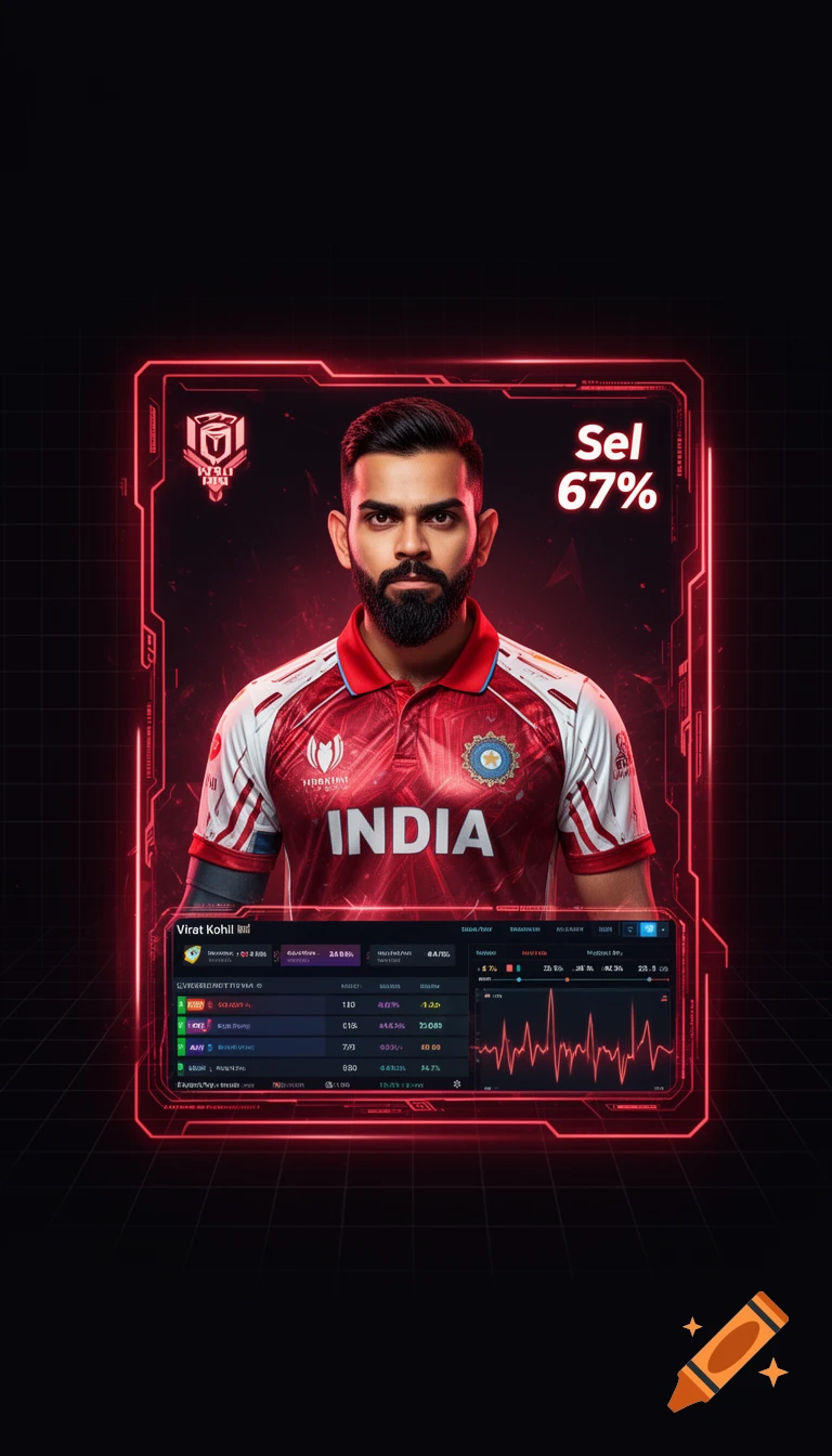 Virat Kohli in a red and white India cricket kit within a glowing red futuristic holographic card, displaying stats like "Sel 67%" against a dark background with a neon grid overlay.