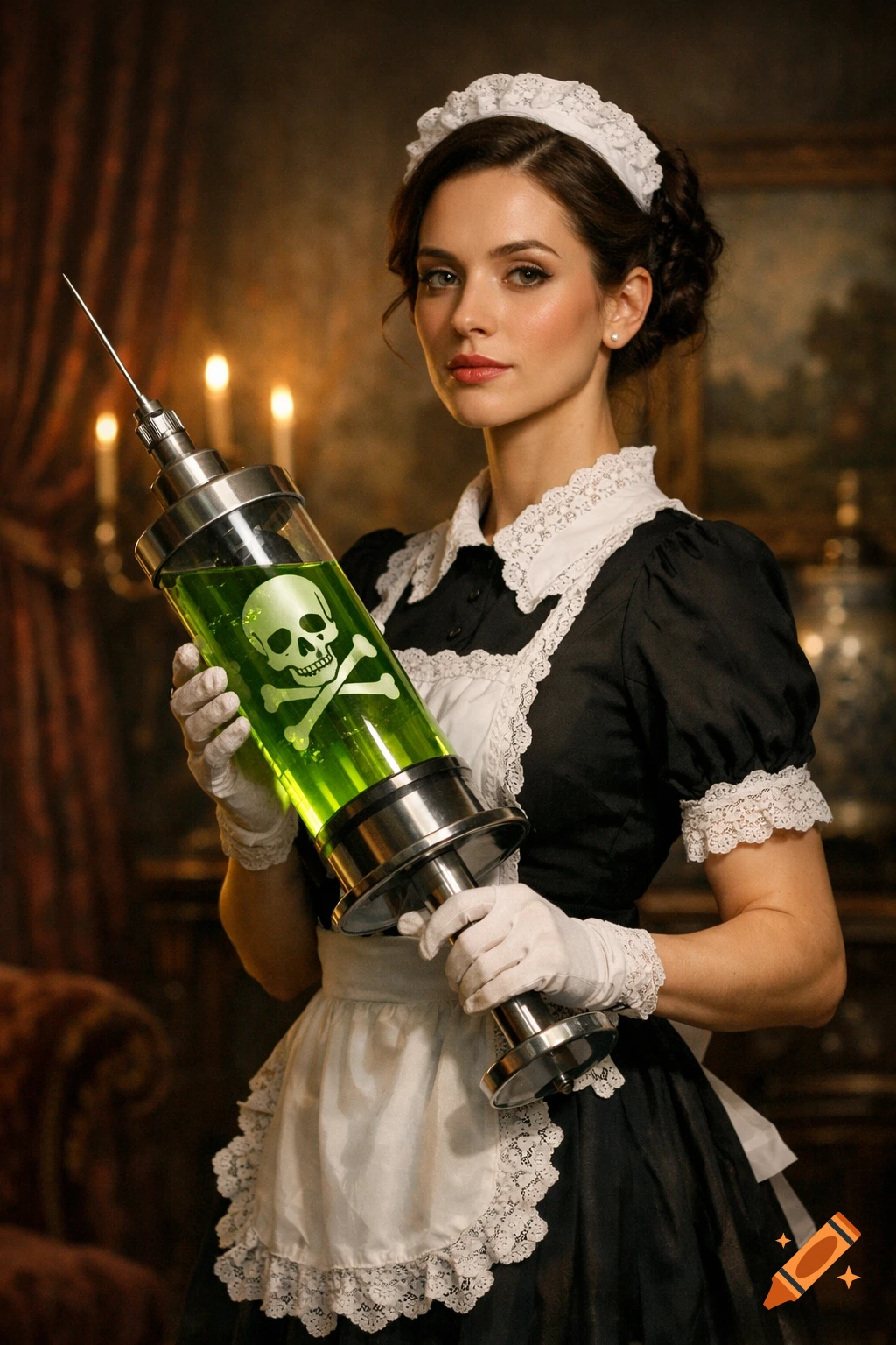 A photorealistic image of a French maid holding a giant syringe filled with green liquid, marked with a skull and crossbones.
