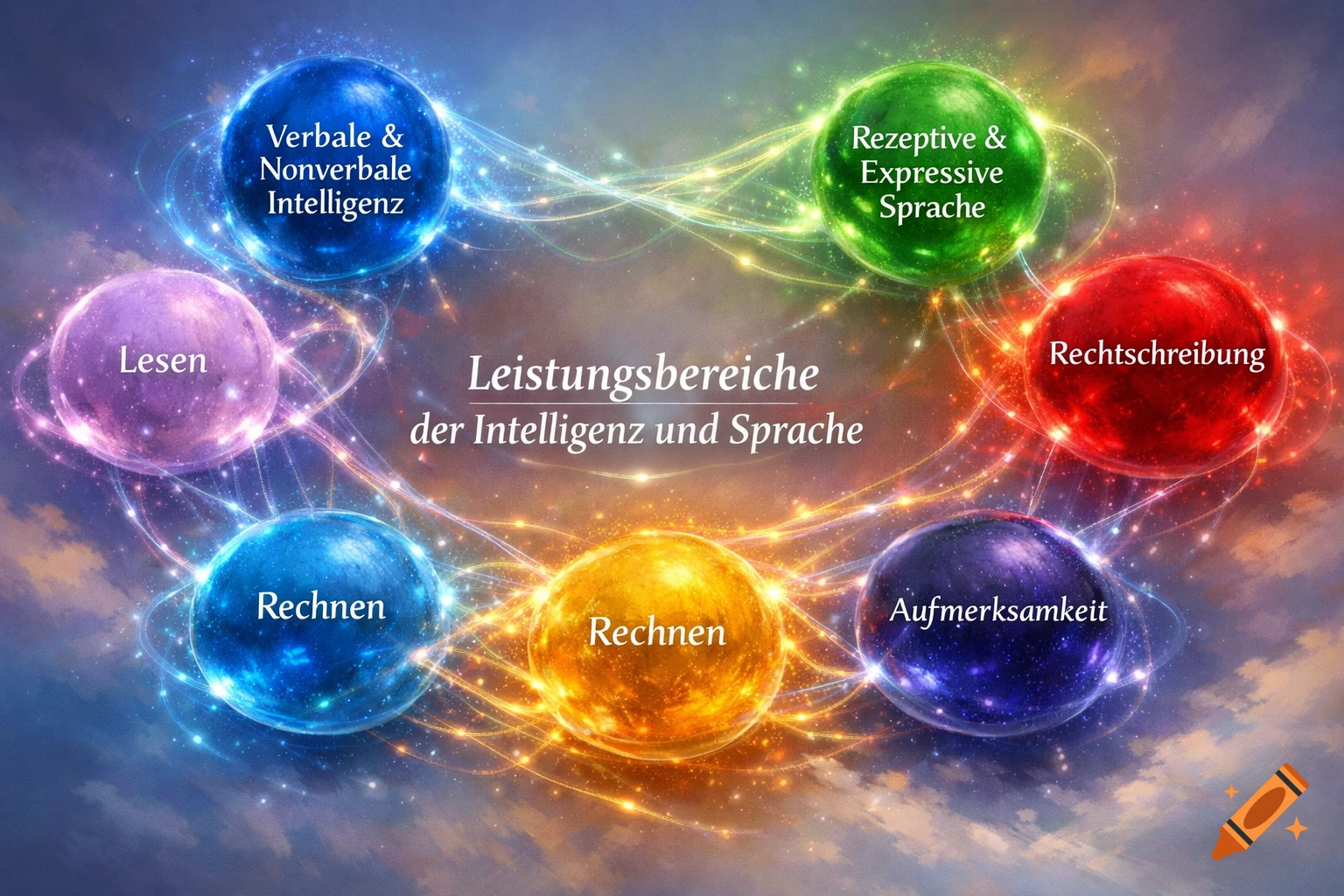 A vibrant abstract diagram shows seven glowing orbs, each labeled in German with a concept of intelligence or language, connected by light trails against a cosmic background.