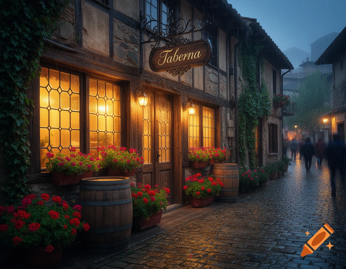 A rainy evening on a cobblestone street in a European town, with a warmly lit 'Taberna' on the left, and blurred figures walking down the street.
