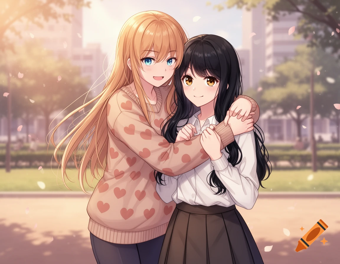 Two anime girls, one with blonde hair and a heart-patterned sweater, hugging another with dark hair in a park with falling petals.