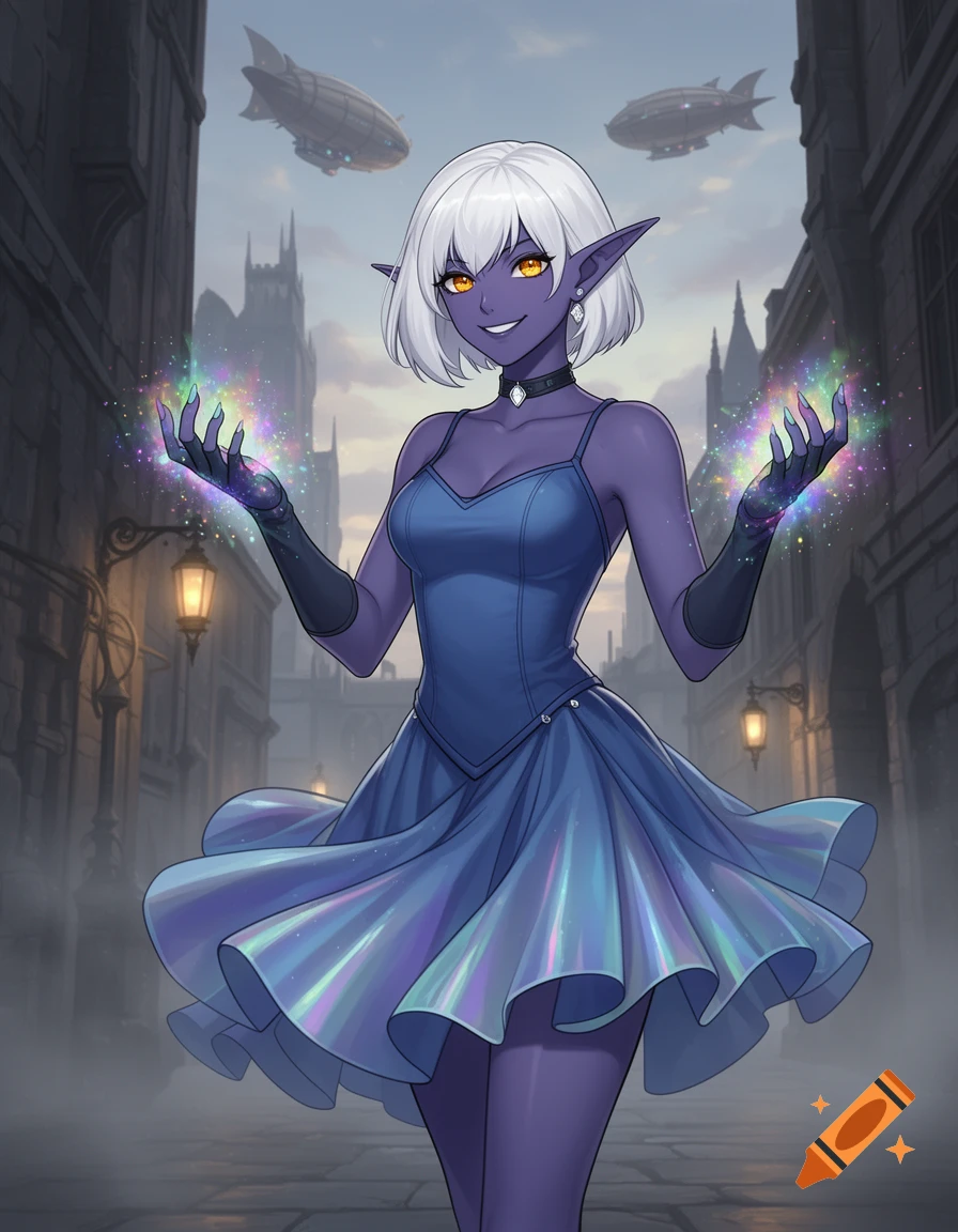 An anime-style Drow elf with white hair and indigo skin, wearing a blue ...