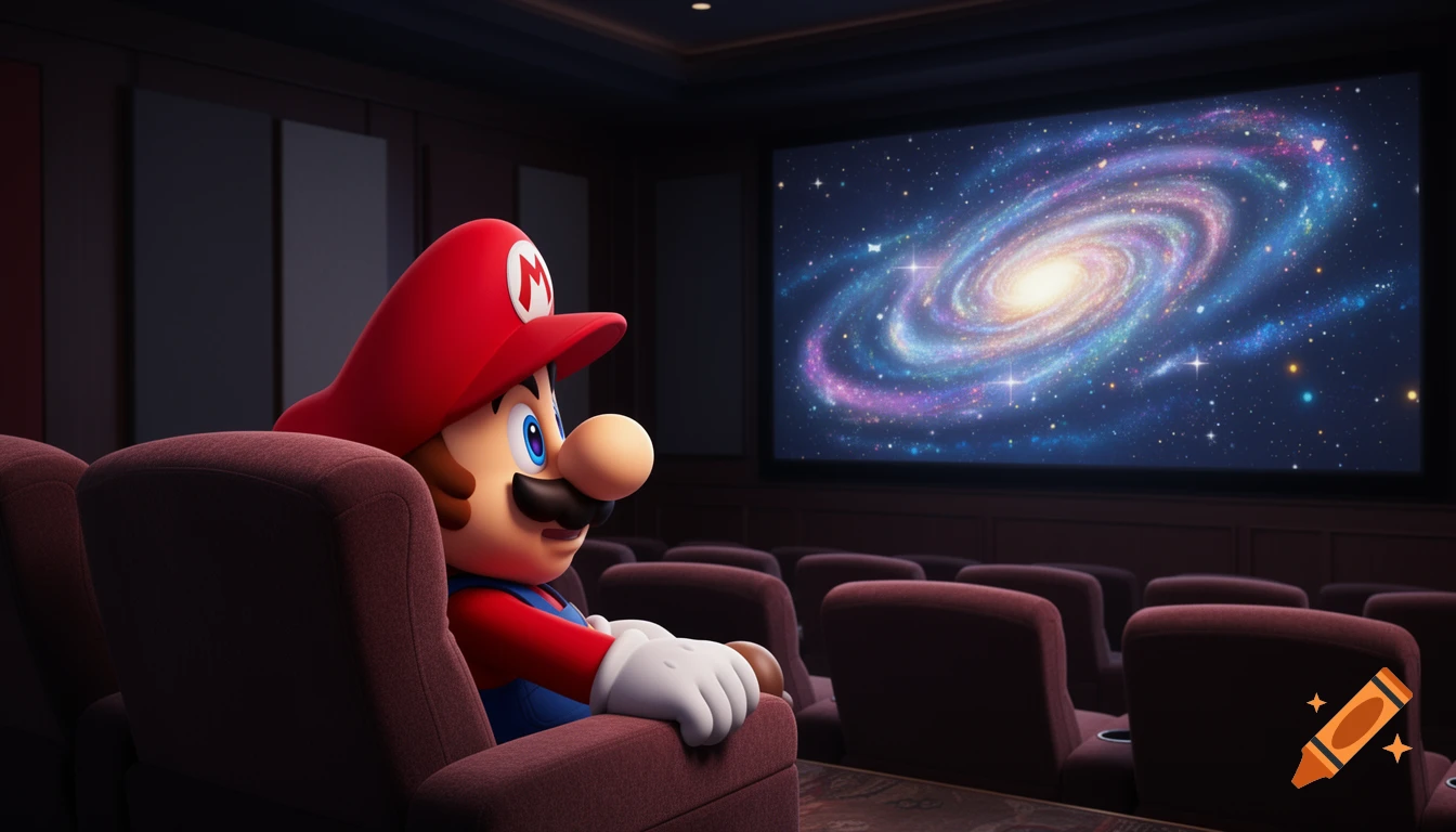 Super Mario sits in a dimly lit movie theater, gazing at a large screen displaying a vibrant spiral galaxy.
