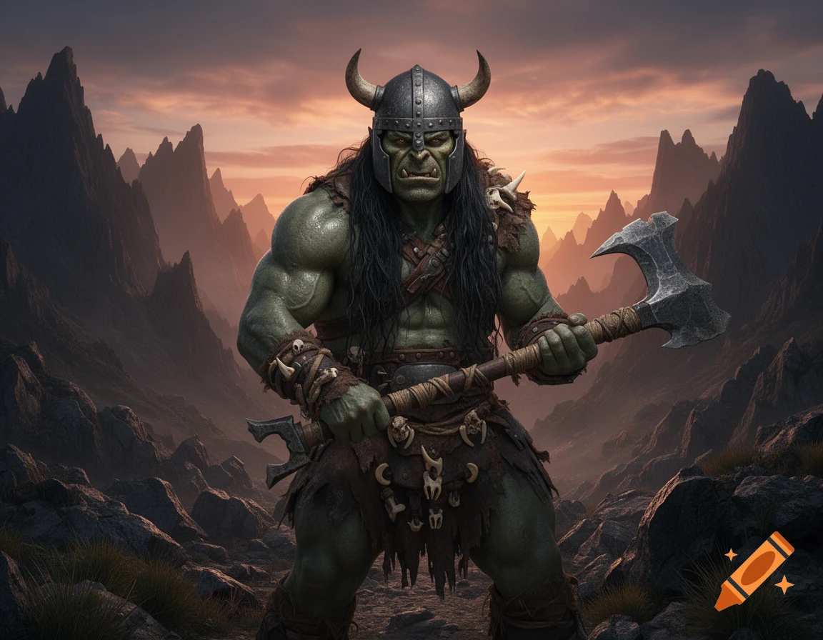 A muscled green orc warrior with a horned helmet and axe stands in a ...