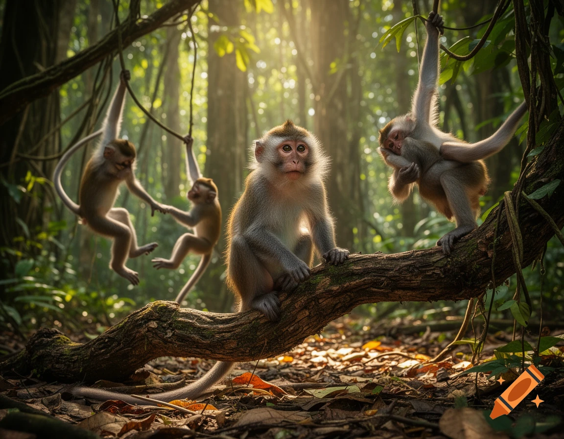 Photorealistic image of several macaque monkeys in a sunlit jungle, one on a branch and others hanging from vines.