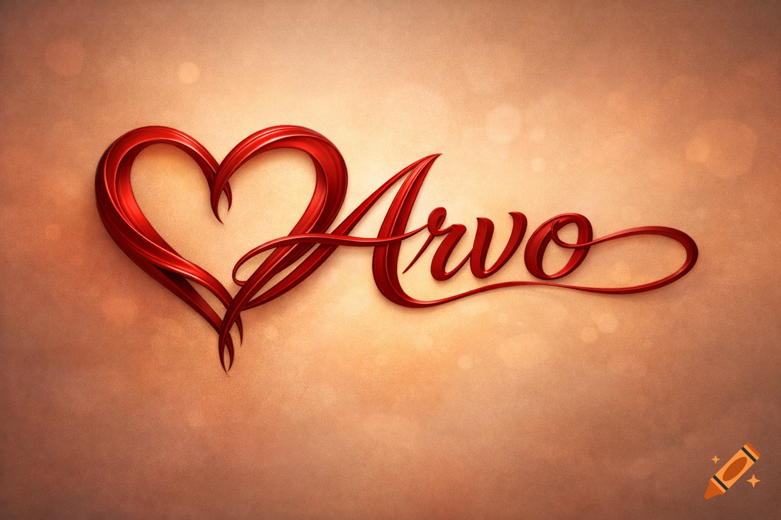 Red metallic heart intertwined with the script word "Arvo" on a warm-toned, textured background with bokeh.