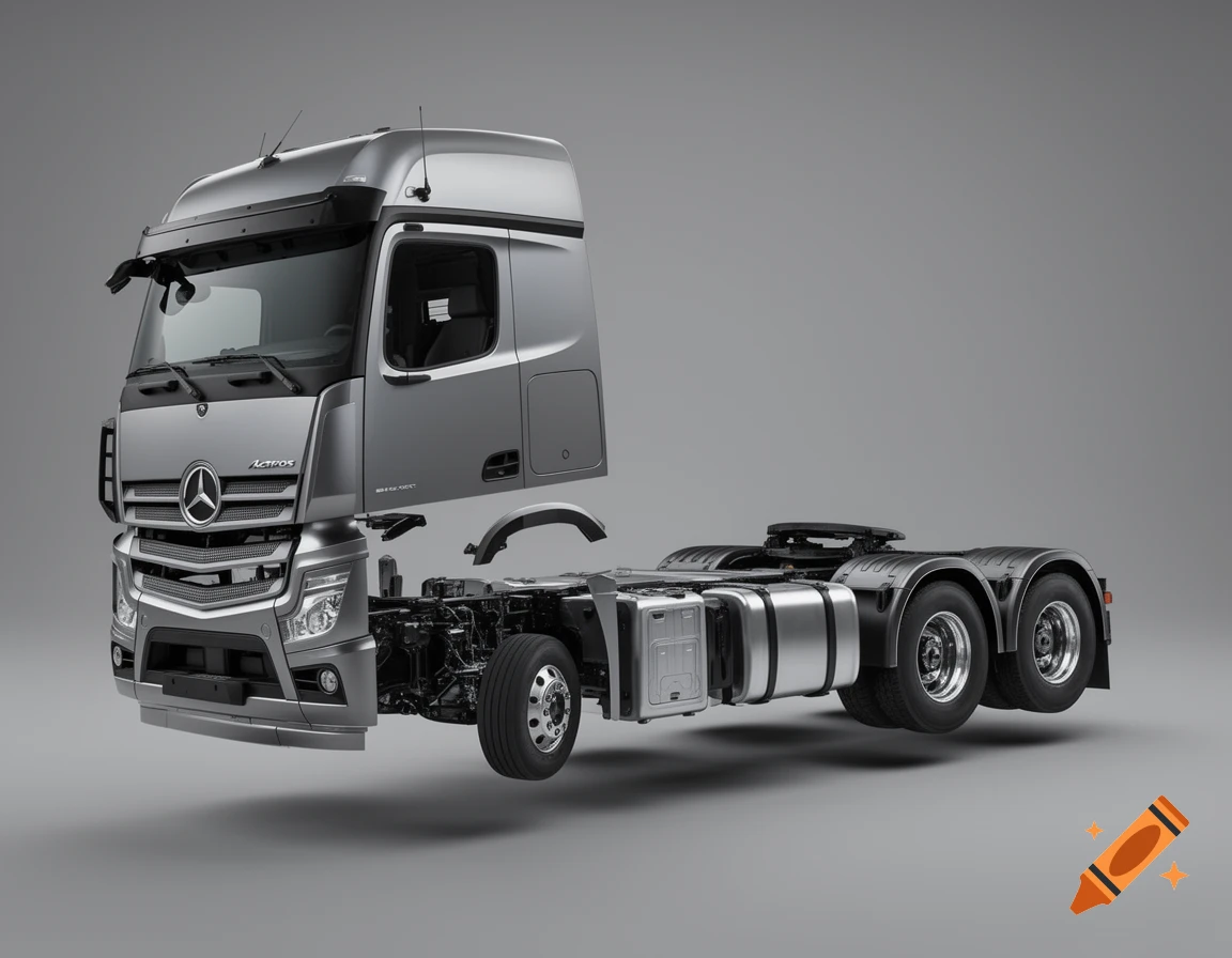 An exploded view of a silver Mercedes Actros semi-truck, with its cab and chassis components separated and floating against a gray background.