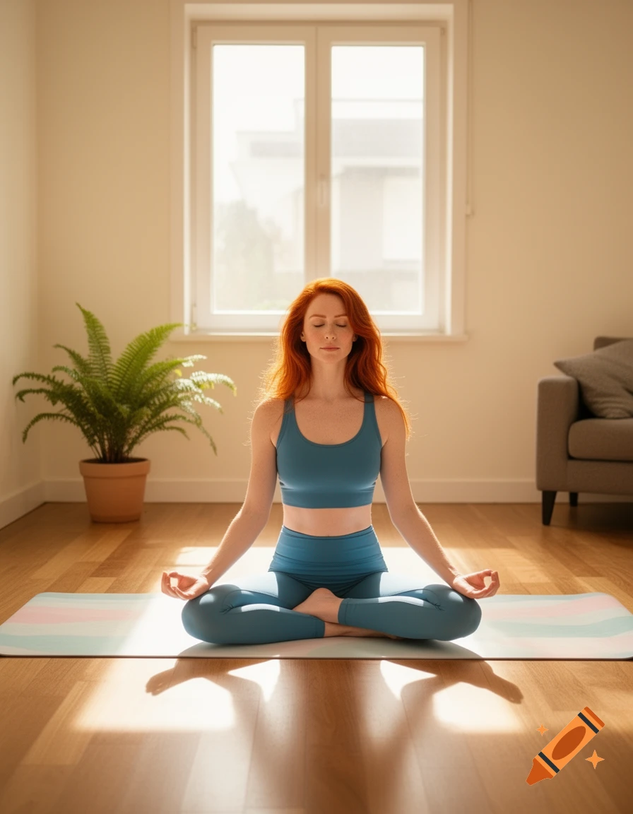 A redhead woman meditates in a yoga pose on a mat in a sunny room with a large window and a plant, photorealistic.