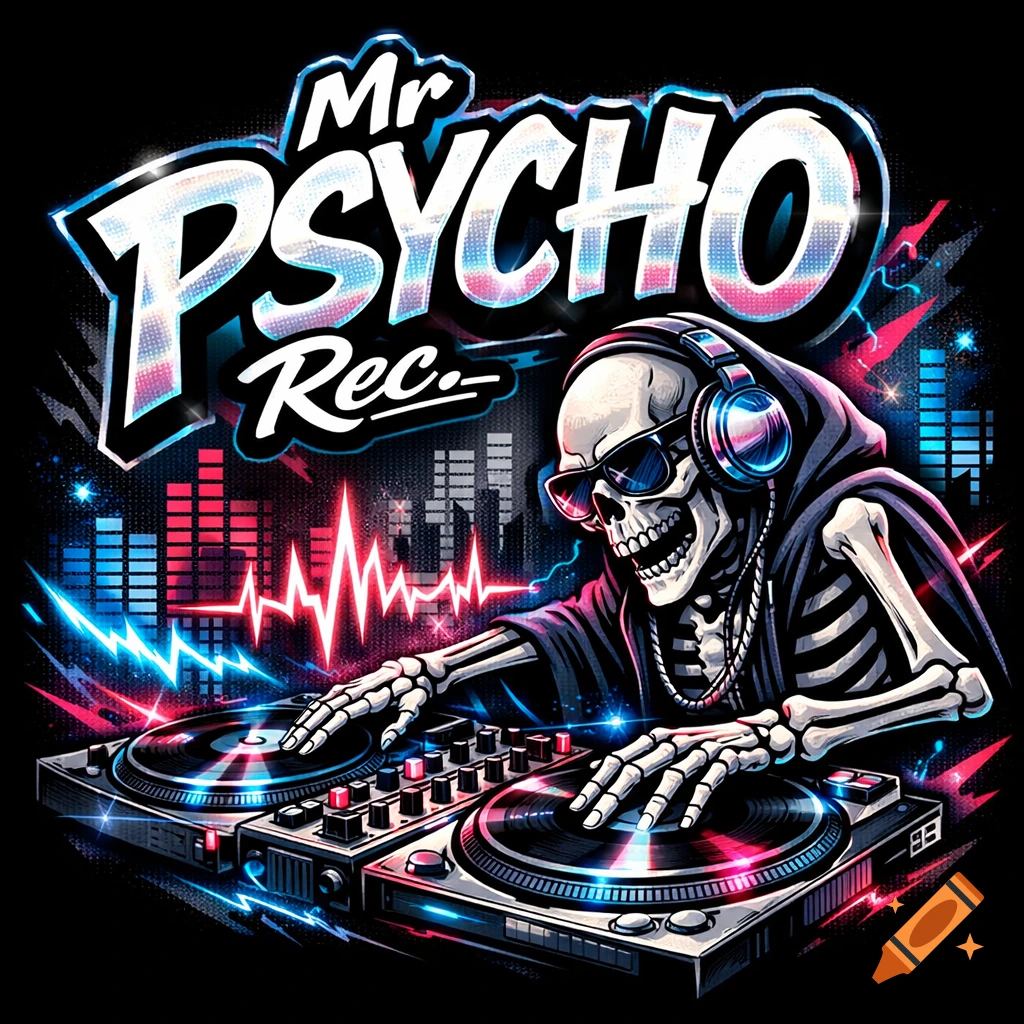 A stylized, vibrant logo features a skeleton DJ wearing a hoodie, sunglasses, and headphones, mixing on turntables, with text "Mr PSYCHO Rec.-" above.