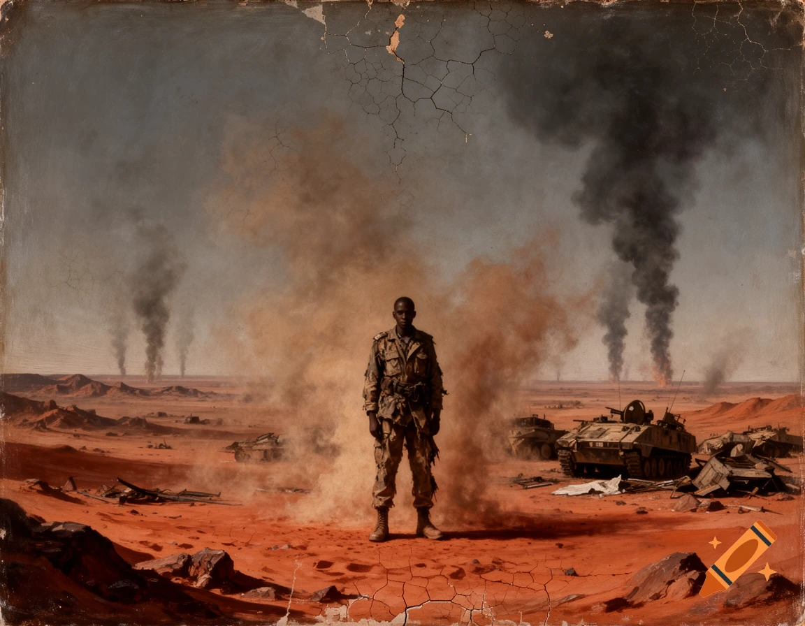 A soldier stands in a dusty, war-torn desert landscape with smoke plumes and destroyed military vehicles under a gray sky, in an old painting style.