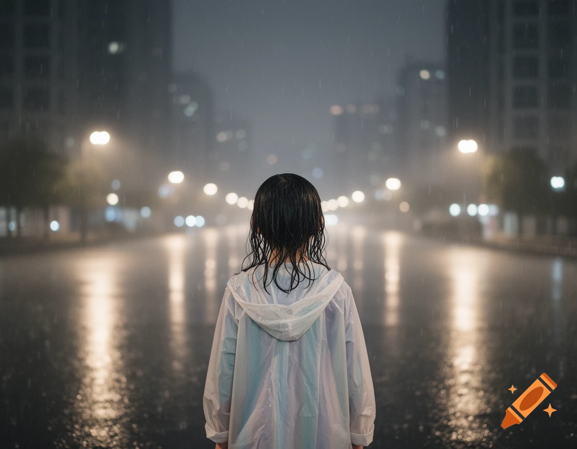 A person in a clear raincoat stands on a wet city street in the rain at night, looking at blurred streetlights.