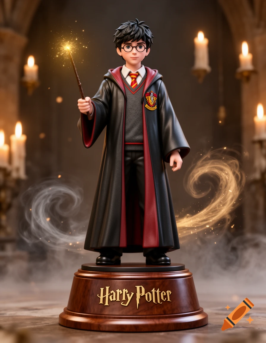 Stylized 3D Harry Potter figurine in a black robe holding a sparkling wand, on a wooden base in a candlelit room.