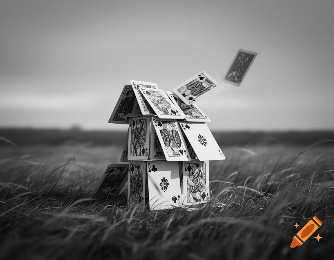Black and white photo of a house of playing cards standing in a grassy field, with a card flying off.