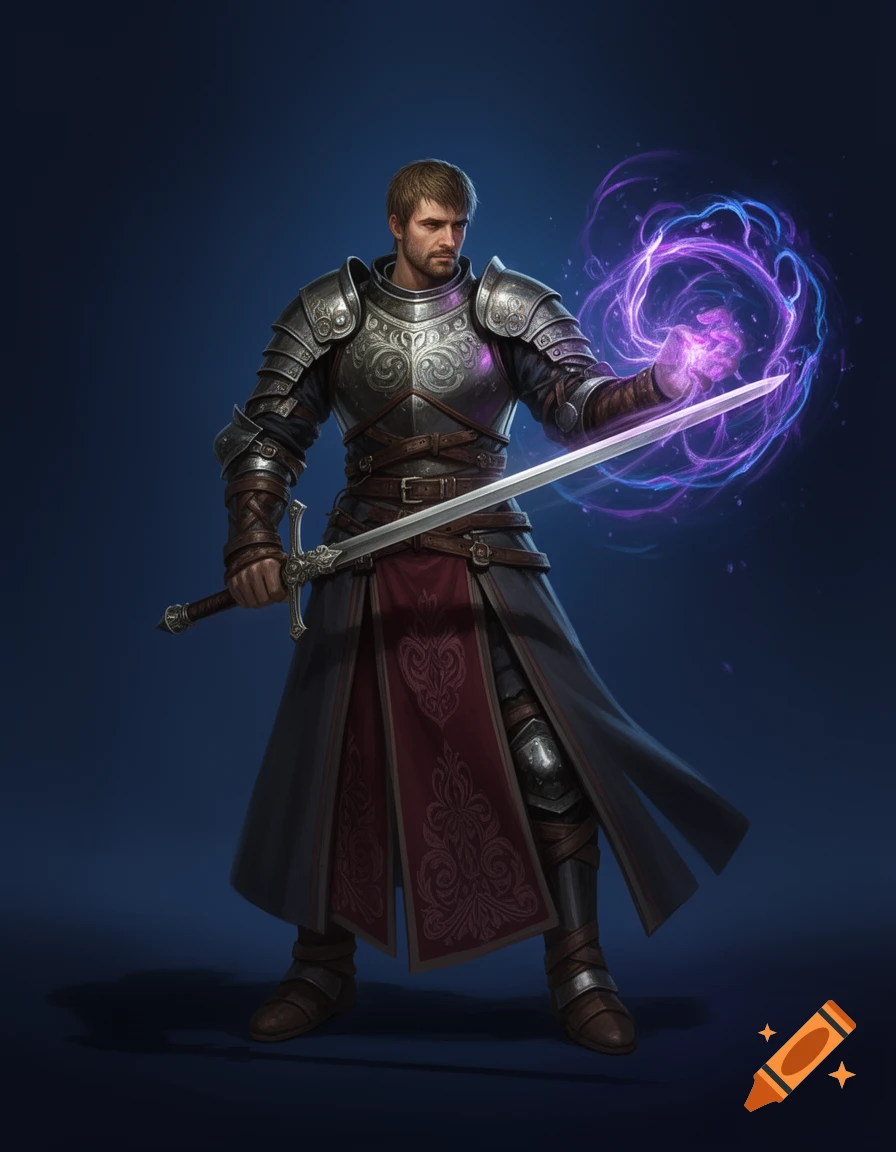 A man in ornate silver and leather fantasy armor with a red tunic, wielding a longsword and casting a purple-blue arcane spell.