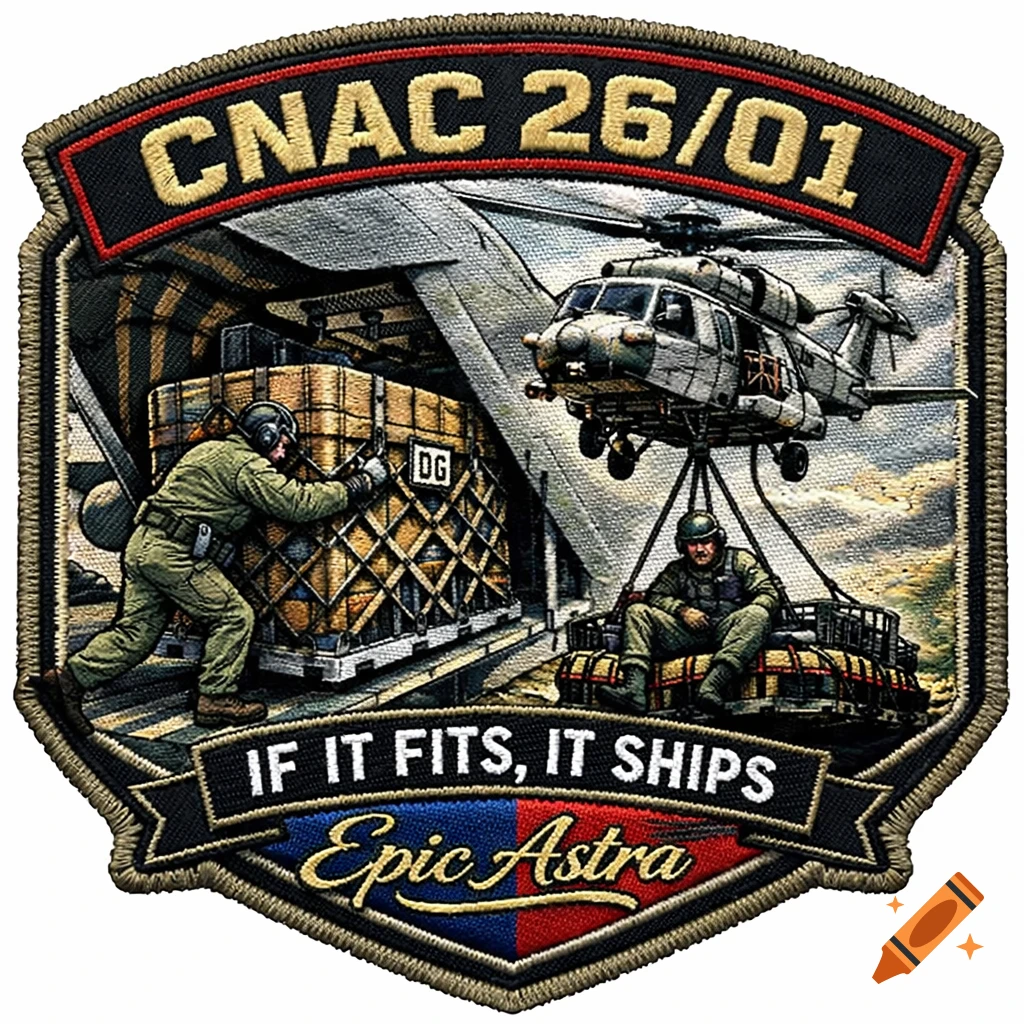 A military patch featuring loadmasters, a C-130 plane, and a helicopter, with text 'CNAC 26/01', 'IF IT FITS, IT SHIPS', and 'Epic Astra'.