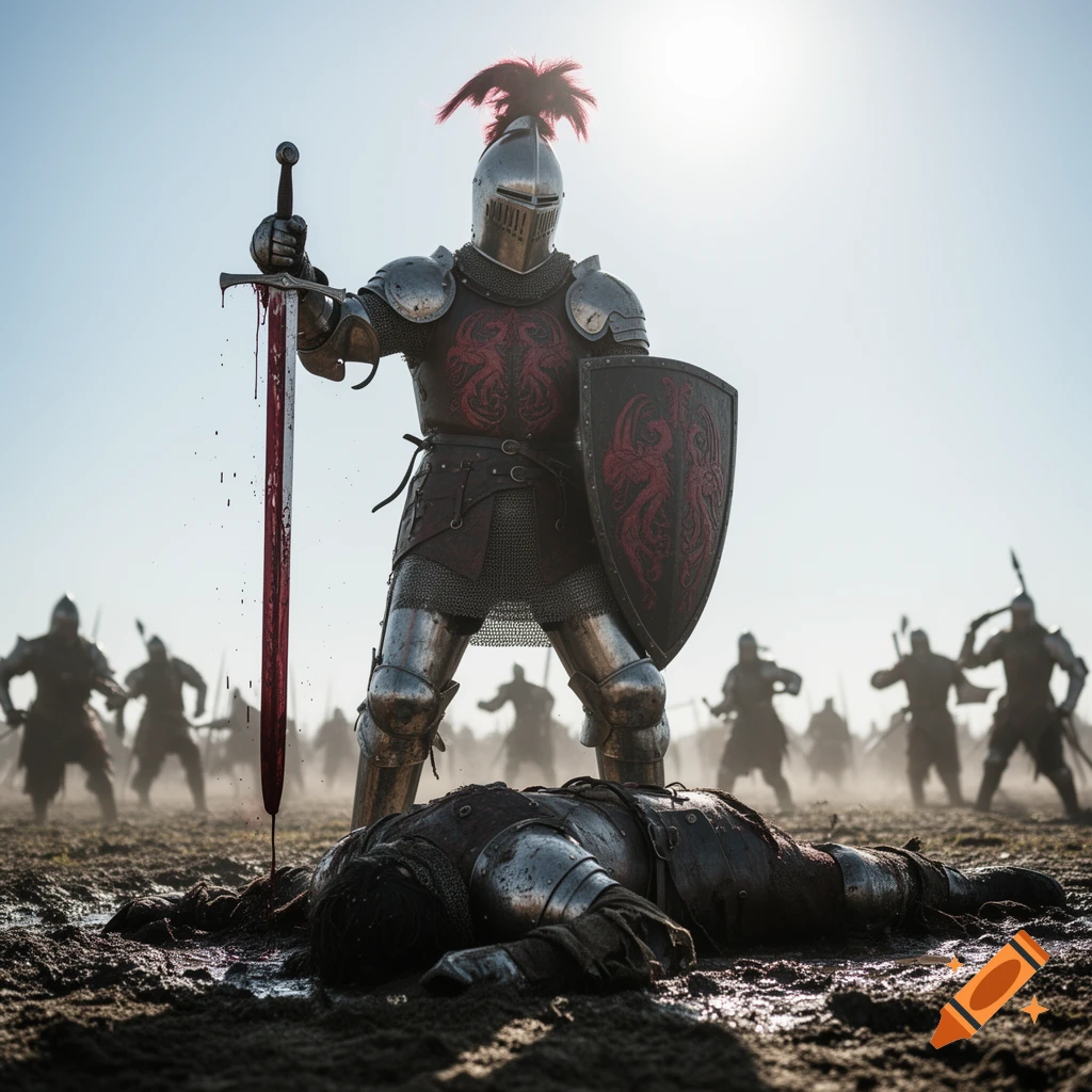 A triumphant knight in dark armor with a red plume on his helmet holds a bloody sword over a defeated enemy on a desolate battlefield.