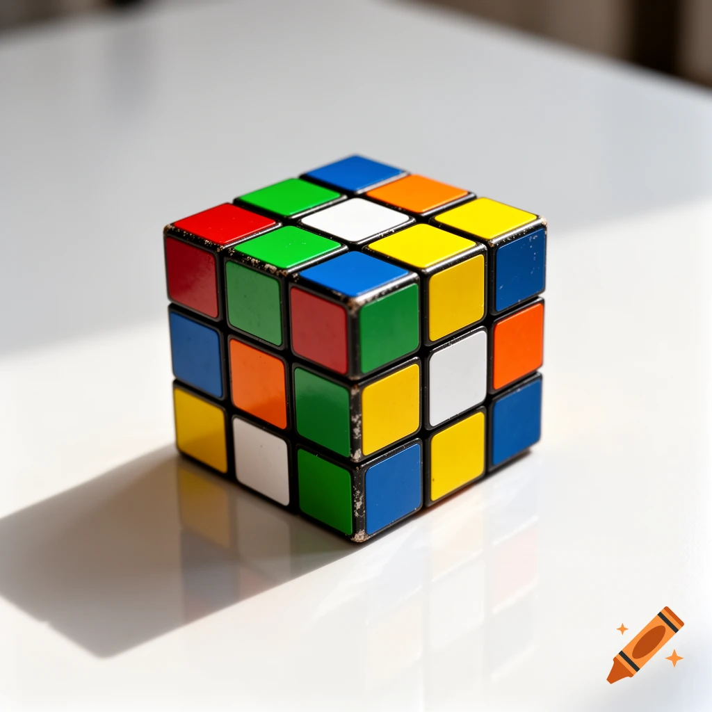 A slightly worn Rubik's Cube with red, green, blue, orange, yellow, and white squares on a bright white surface.