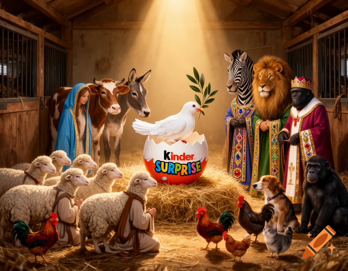 A fantasy Nativity scene in a barn with animals like sheep, cows, a zebra, lion, and apes, gathered around a dove in a Kinder Surprise egg.
