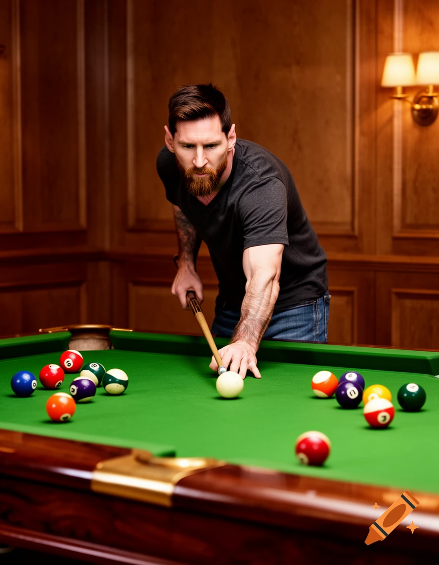 A bearded man resembling Lionel Messi concentrates while playing billiards on a green felt table in a wood-paneled room.