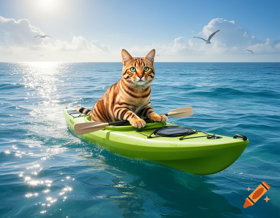 A photorealistic tiger cat sits in a bright green kayak on a sunny ocean, paddling with an oar.