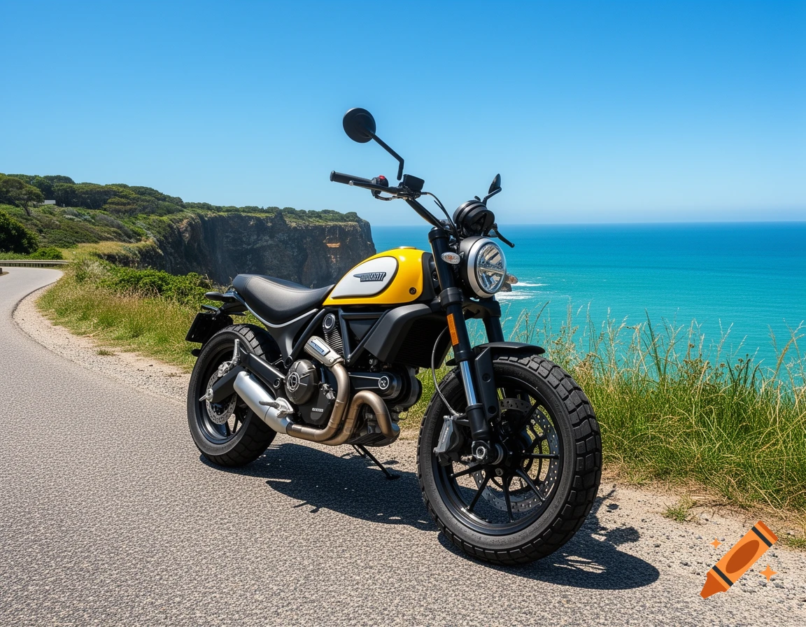 A yellow and white Ducati Scrambler motorcycle parked on a coastal road overlooking the bright blue ocean and cliffs.