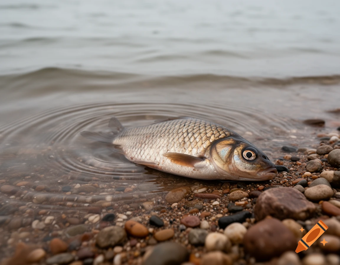 A dead fish lies partially submerged in shallow water on a pebble beach, with ripples spreading around it.