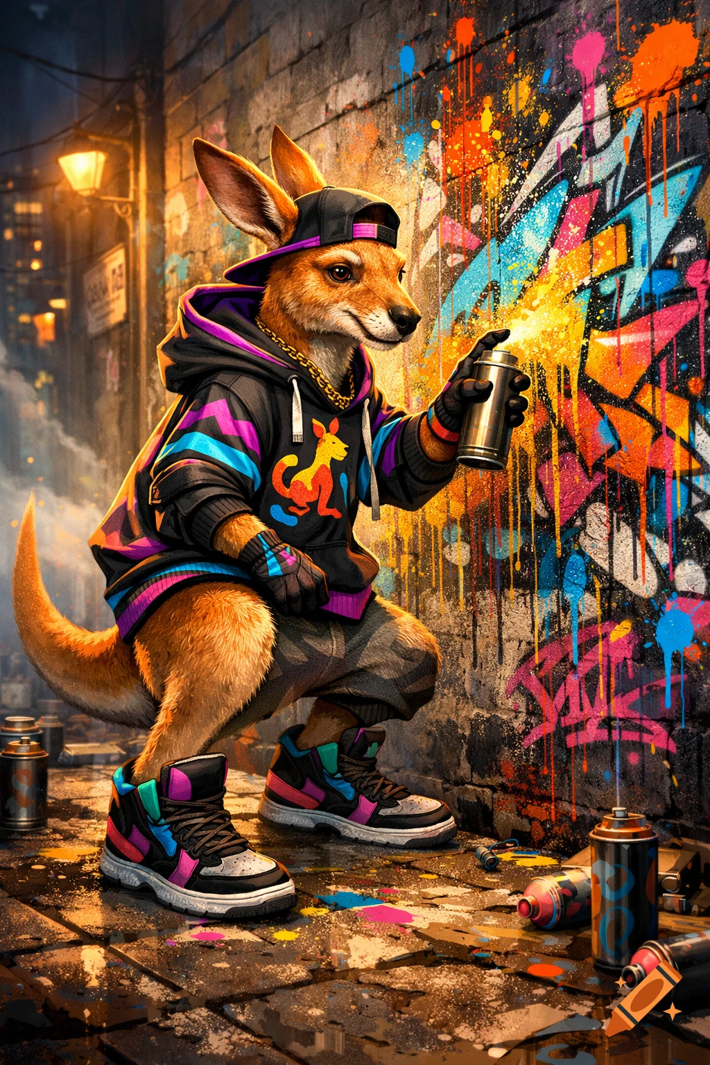 An anthropomorphic kangaroo in a black hoodie, cap, and sneakers spray painting vibrant, abstract graffiti on a dark alley wall at night.