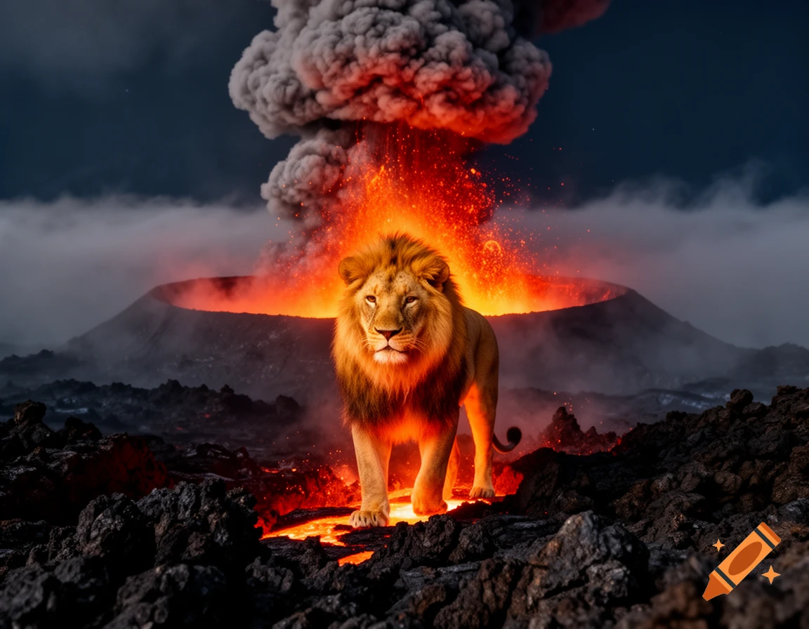 A majestic lion stands on hardened lava with an erupting volcano spewing fire and smoke in the background, photorealistic.