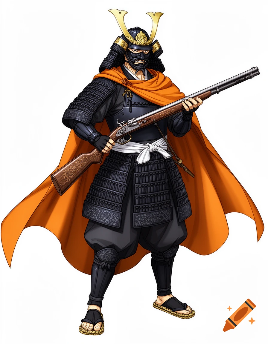 An anime samurai in dark armor, a black mask, and an orange cloak, holding a musket rifle.