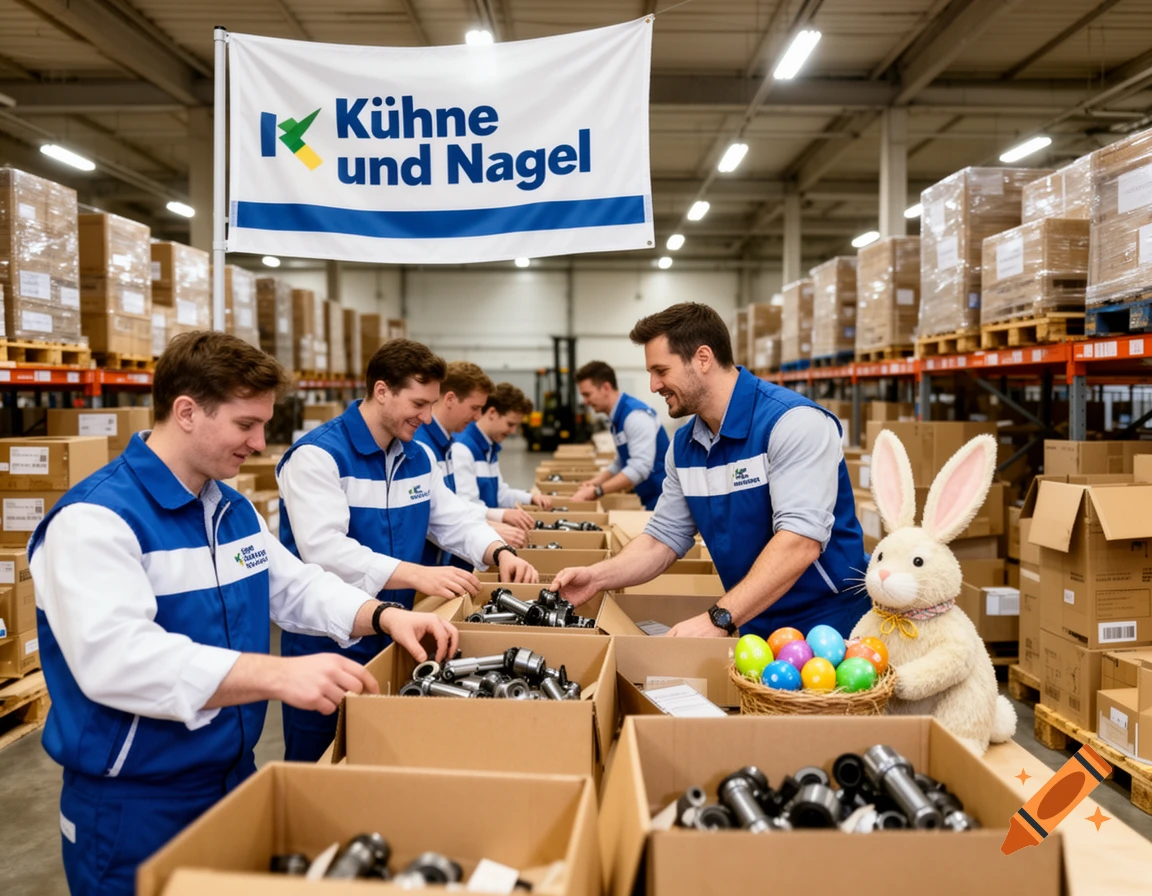Men in Kühne und Nagel uniforms pack items in a warehouse. A plush Easter bunny and basket of colorful eggs are on a table.