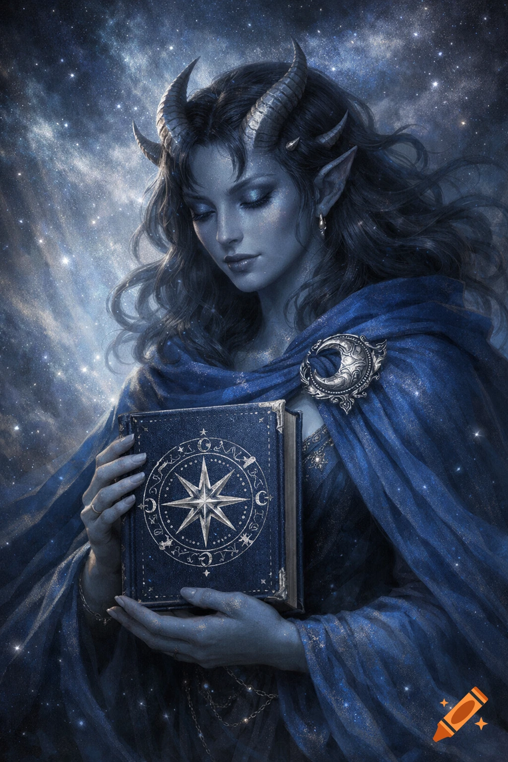 A blue-skinned tiefling woman with horns and pointed ears, wearing a blue cloak with a moon clasp, holds a book with a star glyph on its cover. She stands against a starry night sky. Digital painting.